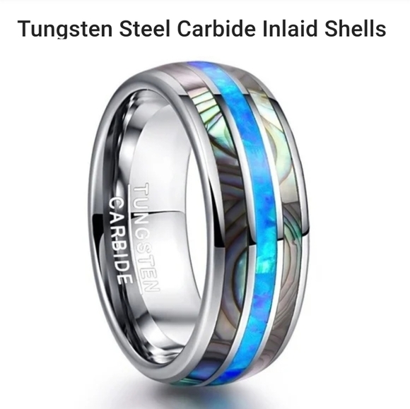 NEW Mens Tungsten Carbide inlaid Shells Blue Opal Statement Ring Gifts Unisex - Picture 2 of 16